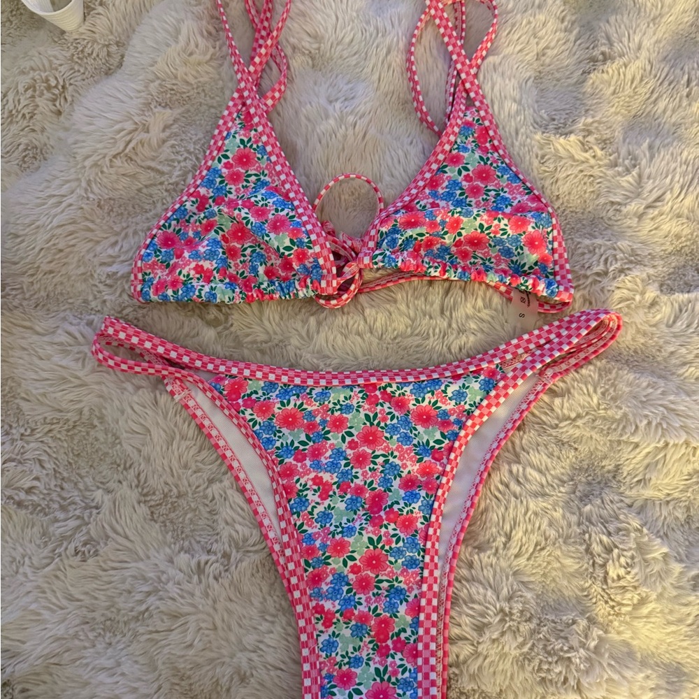 Floral Bikini Set with Pink and Blue Accents